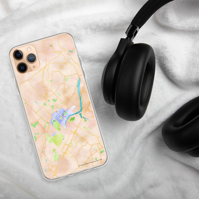 Custom Princeton New Jersey Map Phone Case in Watercolor on Table with Black Headphones