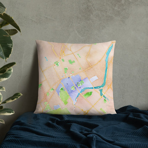 Custom Princeton New Jersey Map Throw Pillow in Watercolor on Bedding Against Wall