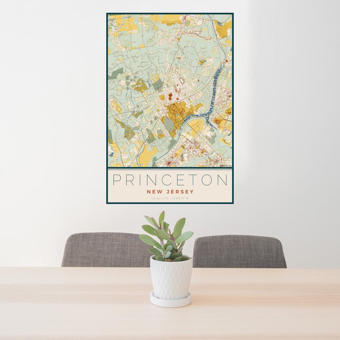 24x36 Princeton New Jersey Map Print Portrait Orientation in Woodblock Style Behind 2 Chairs Table and Potted Plant