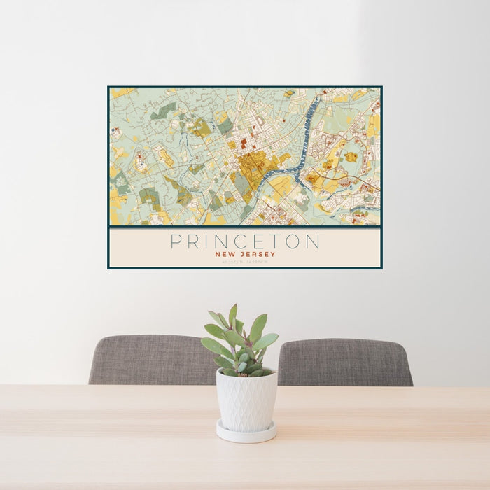 24x36 Princeton New Jersey Map Print Landscape Orientation in Woodblock Style Behind 2 Chairs Table and Potted Plant