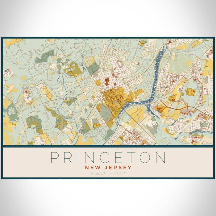Princeton New Jersey Map Print Landscape Orientation in Woodblock Style With Shaded Background