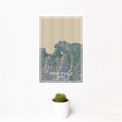 12x18 Princeville Hawaii Map Print Portrait Orientation in Afternoon Style With Small Cactus Plant in White Planter