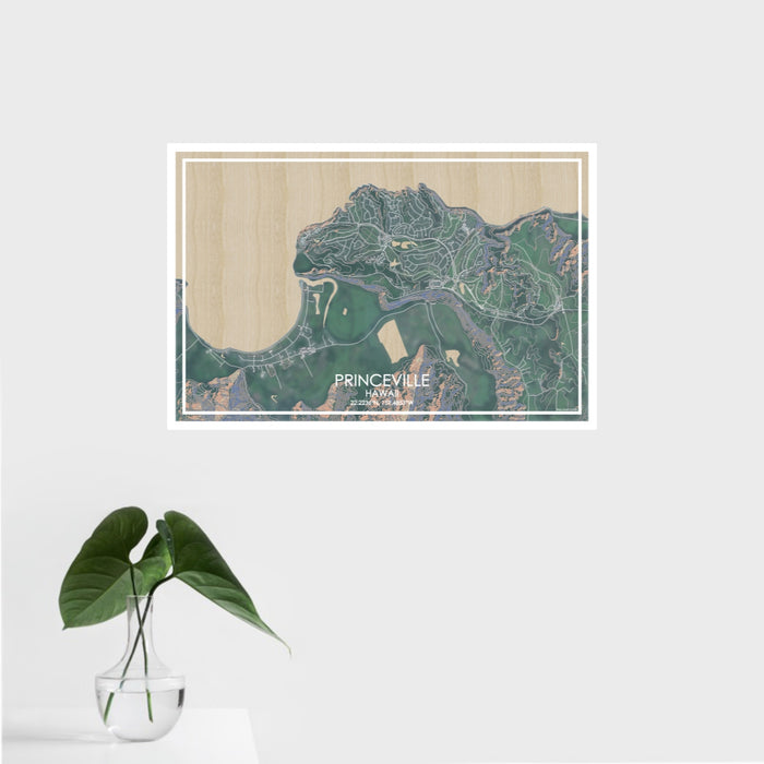16x24 Princeville Hawaii Map Print Landscape Orientation in Afternoon Style With Tropical Plant Leaves in Water