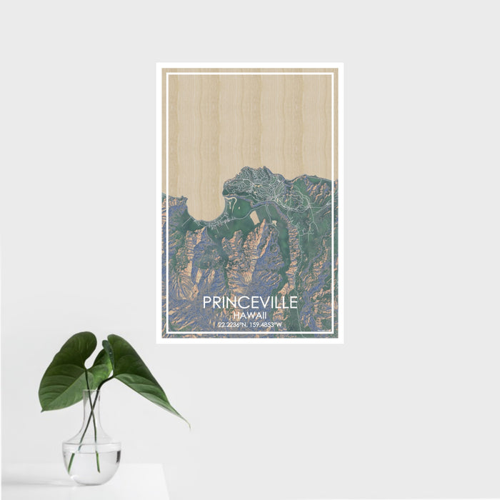 16x24 Princeville Hawaii Map Print Portrait Orientation in Afternoon Style With Tropical Plant Leaves in Water