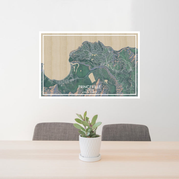 24x36 Princeville Hawaii Map Print Lanscape Orientation in Afternoon Style Behind 2 Chairs Table and Potted Plant