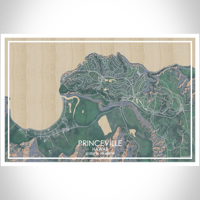 Princeville Hawaii Map Print Landscape Orientation in Afternoon Style With Shaded Background