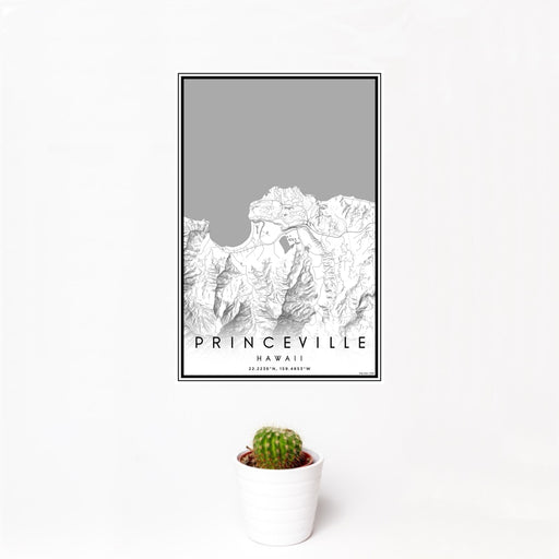 12x18 Princeville Hawaii Map Print Portrait Orientation in Classic Style With Small Cactus Plant in White Planter