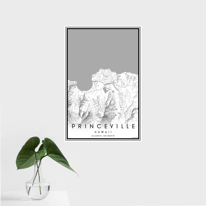 16x24 Princeville Hawaii Map Print Portrait Orientation in Classic Style With Tropical Plant Leaves in Water