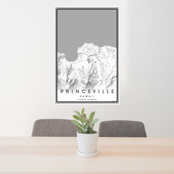 24x36 Princeville Hawaii Map Print Portrait Orientation in Classic Style Behind 2 Chairs Table and Potted Plant
