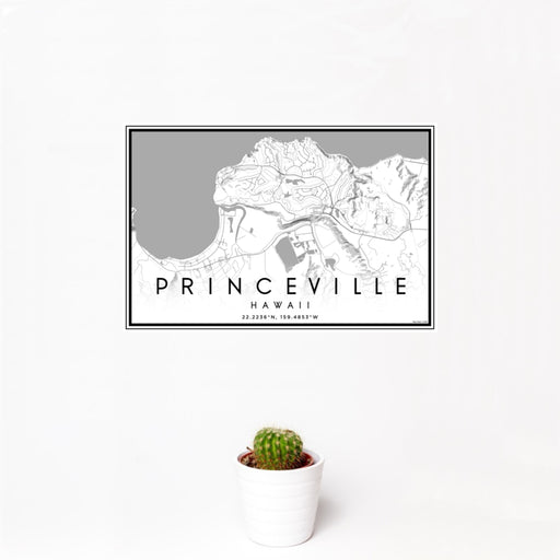12x18 Princeville Hawaii Map Print Landscape Orientation in Classic Style With Small Cactus Plant in White Planter