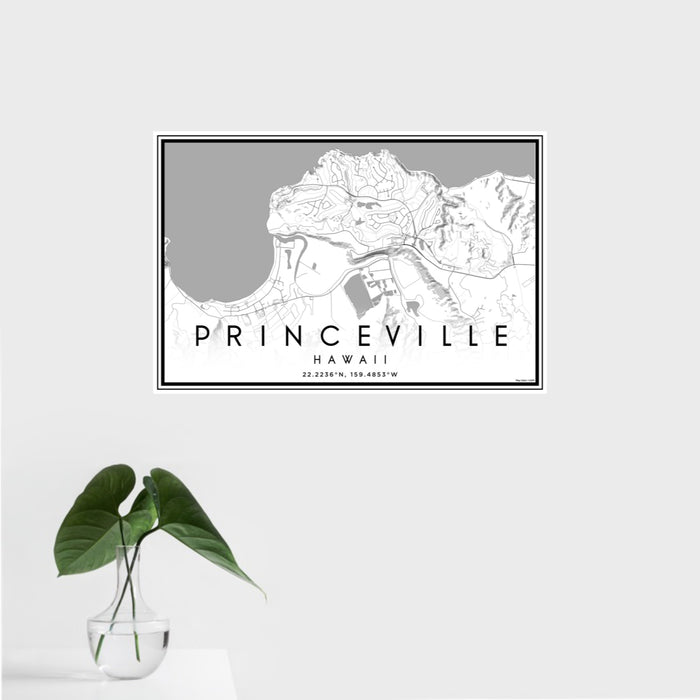 16x24 Princeville Hawaii Map Print Landscape Orientation in Classic Style With Tropical Plant Leaves in Water