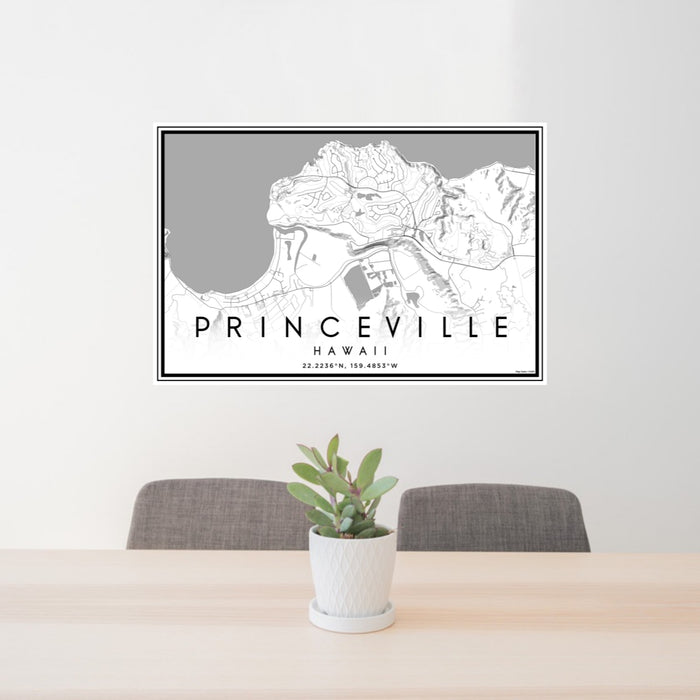 24x36 Princeville Hawaii Map Print Landscape Orientation in Classic Style Behind 2 Chairs Table and Potted Plant
