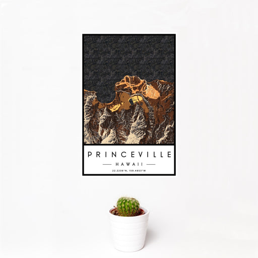 12x18 Princeville Hawaii Map Print Portrait Orientation in Ember Style With Small Cactus Plant in White Planter