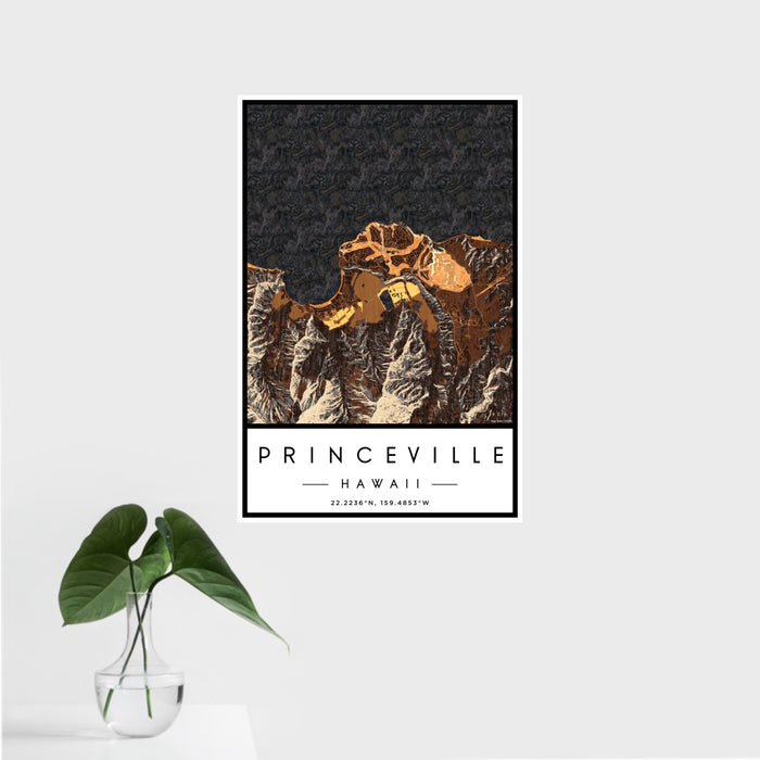 16x24 Princeville Hawaii Map Print Portrait Orientation in Ember Style With Tropical Plant Leaves in Water