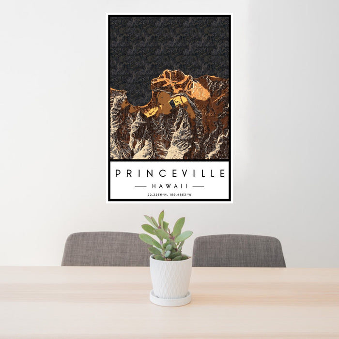 24x36 Princeville Hawaii Map Print Portrait Orientation in Ember Style Behind 2 Chairs Table and Potted Plant