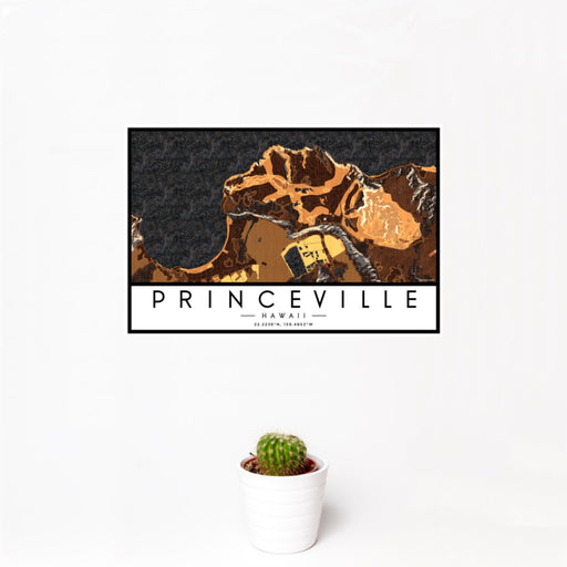 12x18 Princeville Hawaii Map Print Landscape Orientation in Ember Style With Small Cactus Plant in White Planter