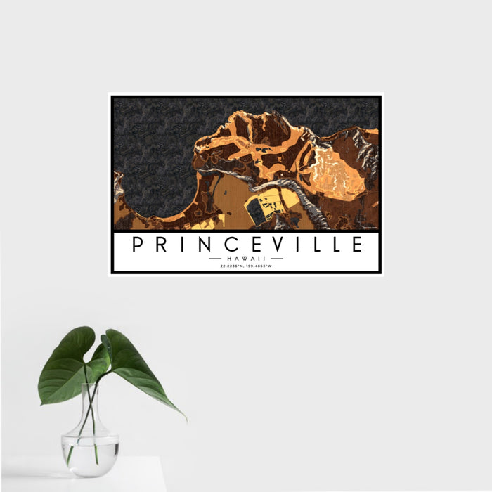16x24 Princeville Hawaii Map Print Landscape Orientation in Ember Style With Tropical Plant Leaves in Water