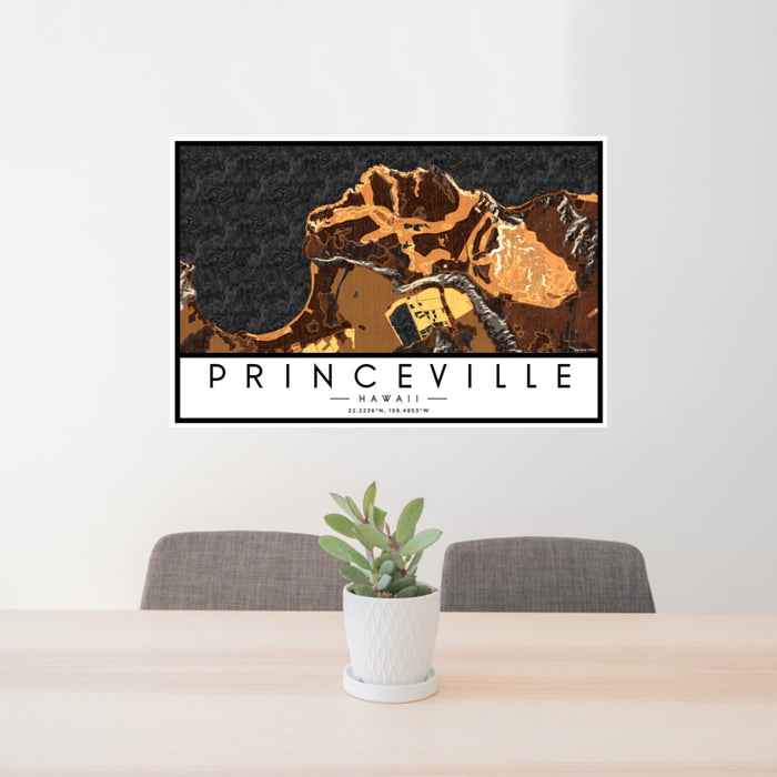 24x36 Princeville Hawaii Map Print Landscape Orientation in Ember Style Behind 2 Chairs Table and Potted Plant