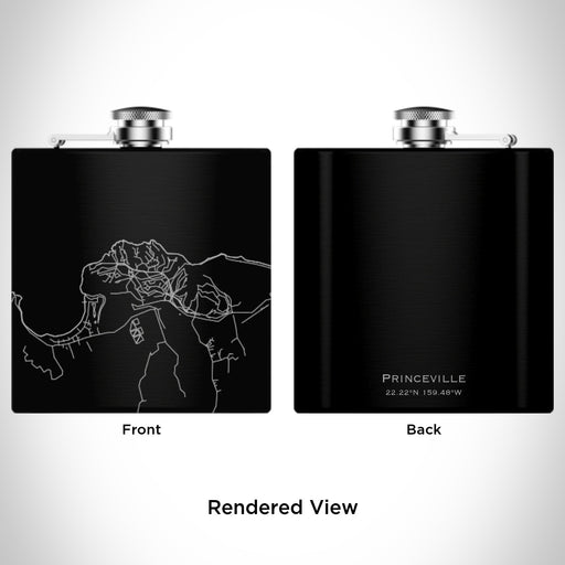 Rendered View of Princeville Hawaii Map Engraving on 6oz Stainless Steel Flask in Black