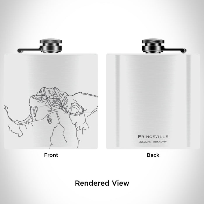 Rendered View of Princeville Hawaii Map Engraving on 6oz Stainless Steel Flask in White