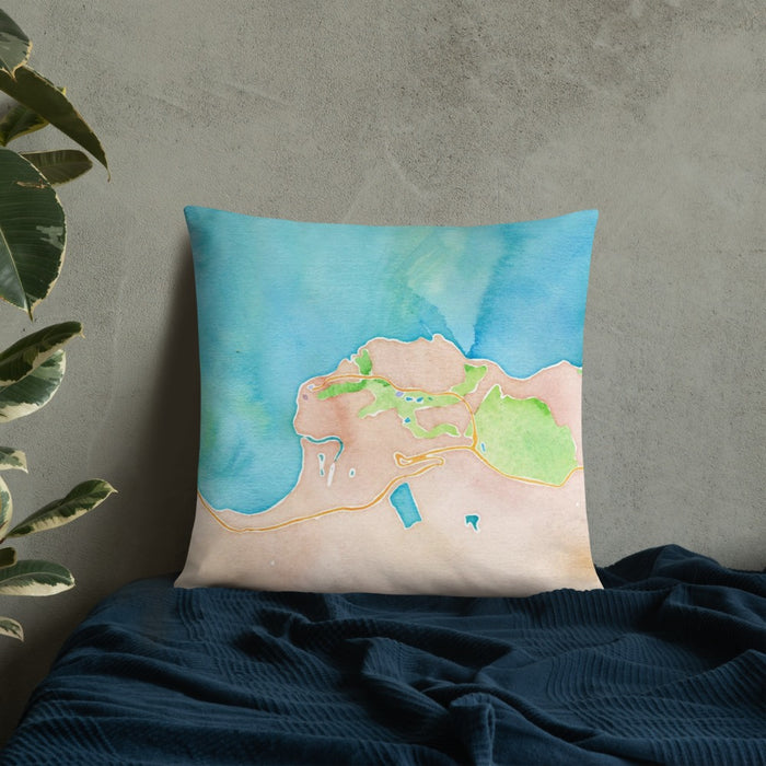 Custom Princeville Hawaii Map Throw Pillow in Watercolor on Bedding Against Wall