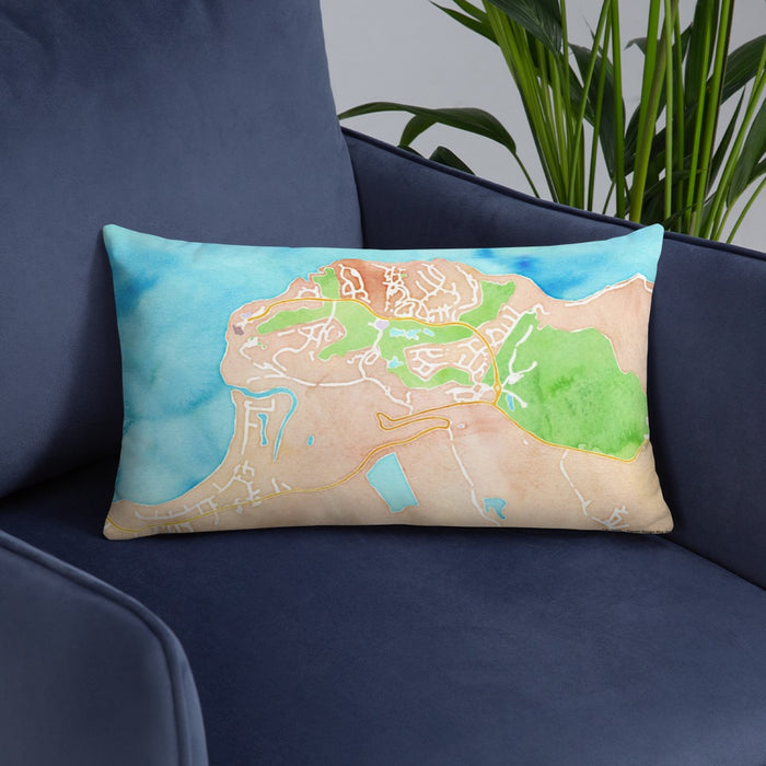 Custom Princeville Hawaii Map Throw Pillow in Watercolor on Blue Colored Chair
