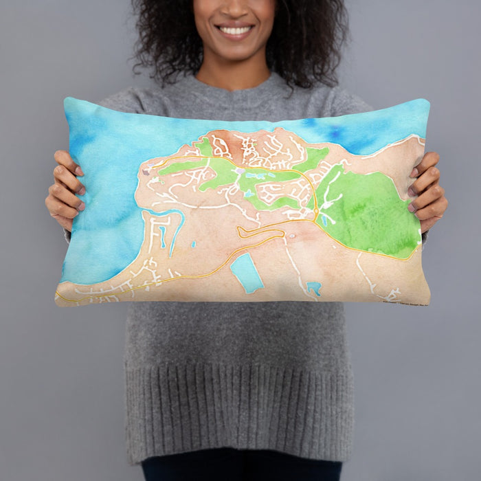 Person holding 20x12 Custom Princeville Hawaii Map Throw Pillow in Watercolor