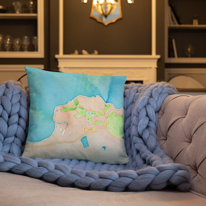 Custom Princeville Hawaii Map Throw Pillow in Watercolor on Cream Colored Couch