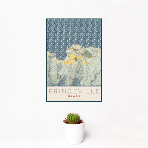 12x18 Princeville Hawaii Map Print Portrait Orientation in Woodblock Style With Small Cactus Plant in White Planter
