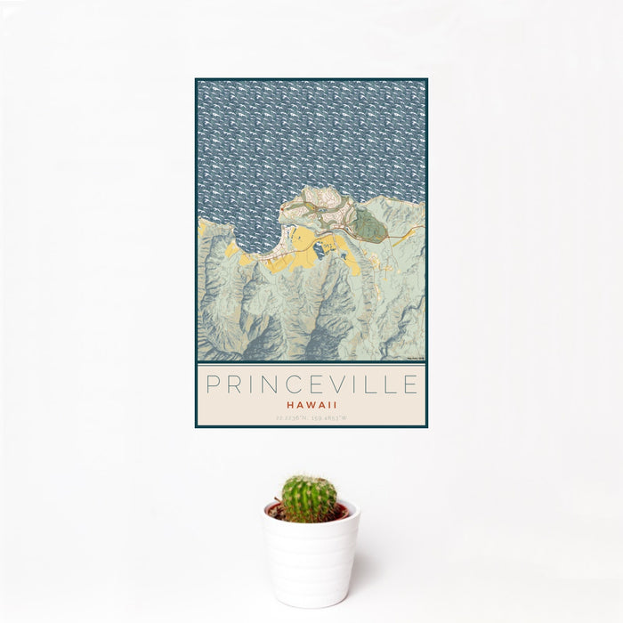 12x18 Princeville Hawaii Map Print Portrait Orientation in Woodblock Style With Small Cactus Plant in White Planter