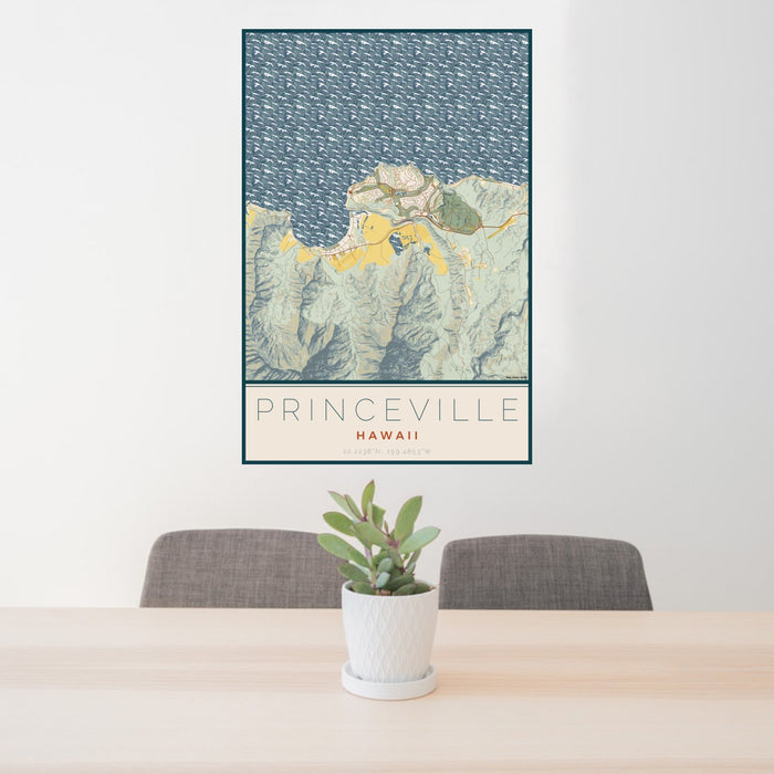 24x36 Princeville Hawaii Map Print Portrait Orientation in Woodblock Style Behind 2 Chairs Table and Potted Plant