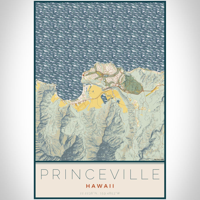 Princeville Hawaii Map Print Portrait Orientation in Woodblock Style With Shaded Background