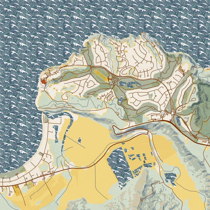 Princeville Hawaii Map Print in Woodblock Style Zoomed In Close Up Showing Details