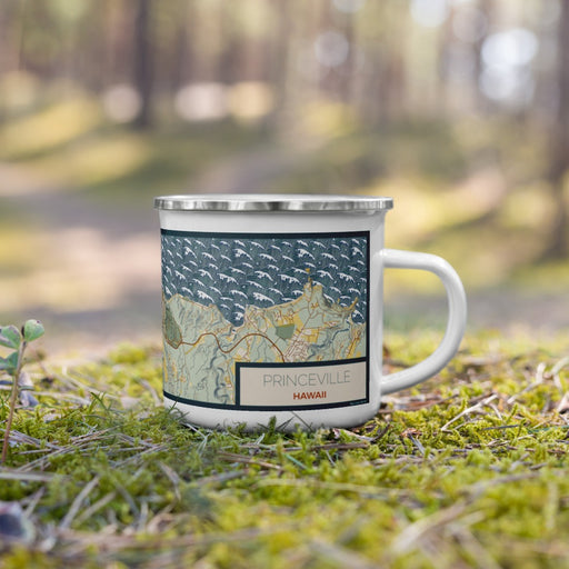 Right View Custom Princeville Hawaii Map Enamel Mug in Woodblock on Grass With Trees in Background