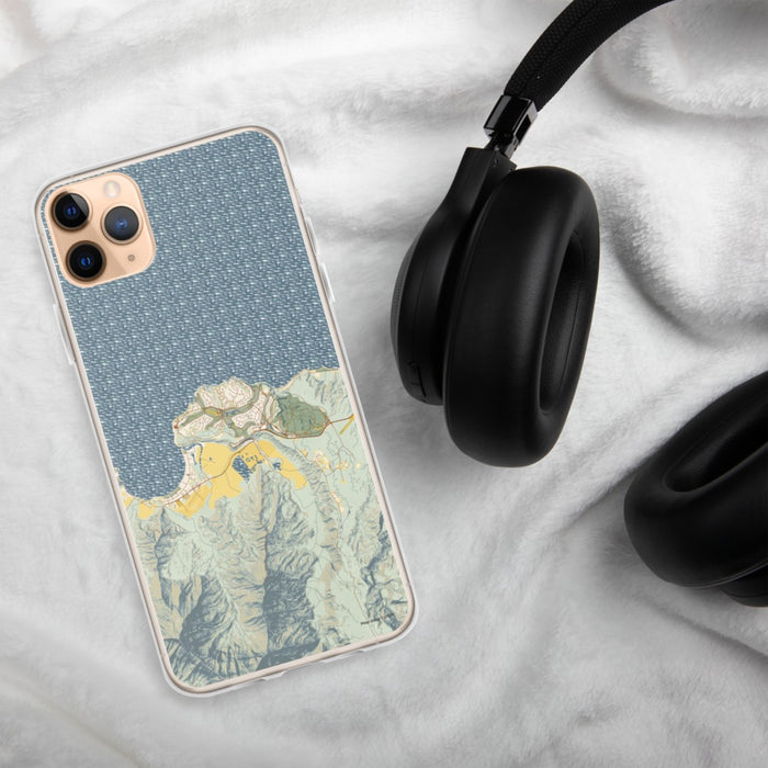 Custom Princeville Hawaii Map Phone Case in Woodblock on Table with Black Headphones