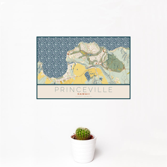 12x18 Princeville Hawaii Map Print Landscape Orientation in Woodblock Style With Small Cactus Plant in White Planter