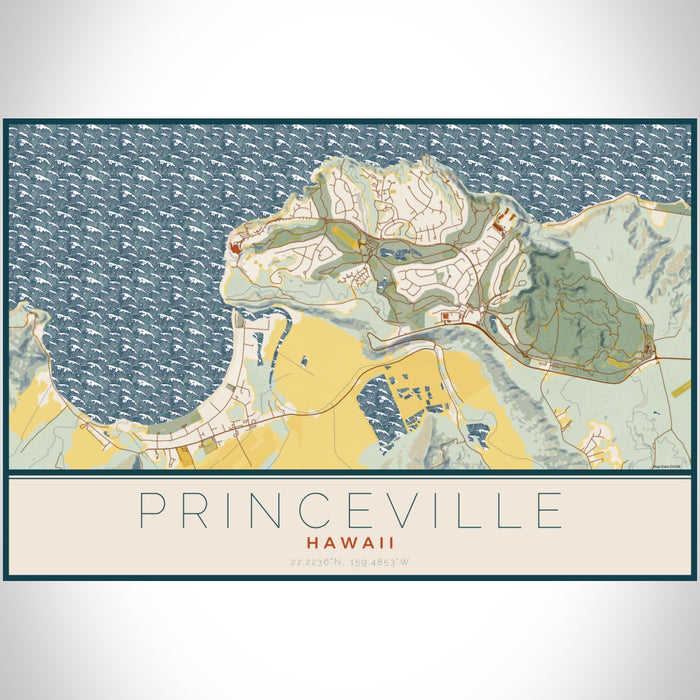 Princeville Hawaii Map Print Landscape Orientation in Woodblock Style With Shaded Background