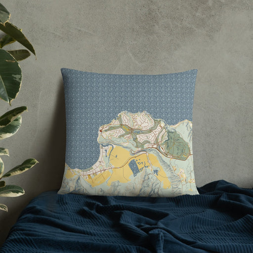 Custom Princeville Hawaii Map Throw Pillow in Woodblock on Bedding Against Wall