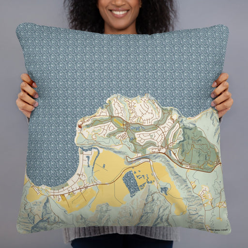 Person holding 22x22 Custom Princeville Hawaii Map Throw Pillow in Woodblock