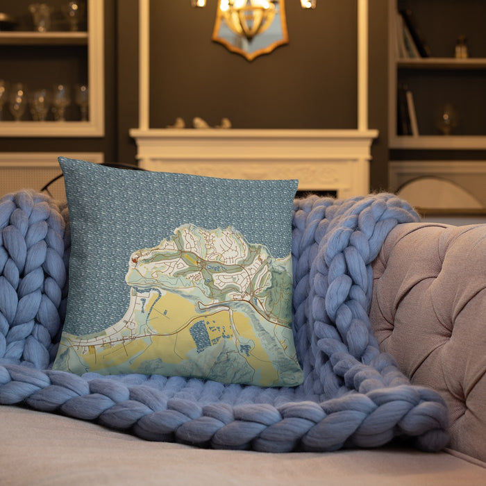 Custom Princeville Hawaii Map Throw Pillow in Woodblock on Cream Colored Couch
