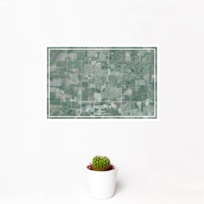 12x18 Prosper Texas Map Print Landscape Orientation in Afternoon Style With Small Cactus Plant in White Planter