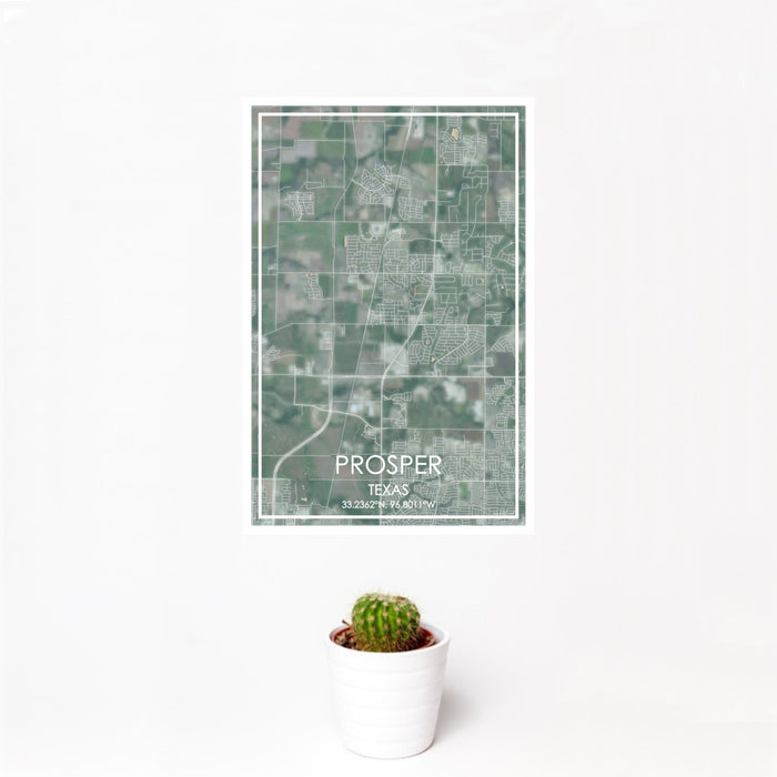 12x18 Prosper Texas Map Print Portrait Orientation in Afternoon Style With Small Cactus Plant in White Planter