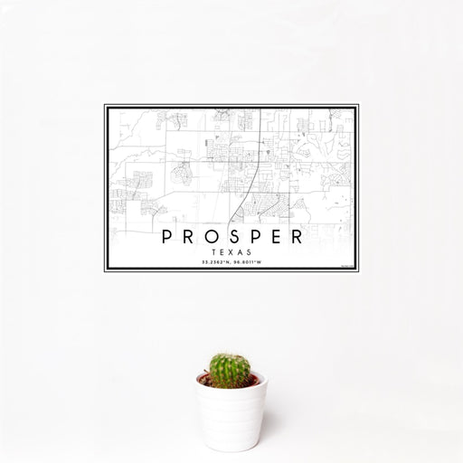 12x18 Prosper Texas Map Print Landscape Orientation in Classic Style With Small Cactus Plant in White Planter