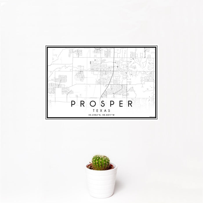 12x18 Prosper Texas Map Print Landscape Orientation in Classic Style With Small Cactus Plant in White Planter