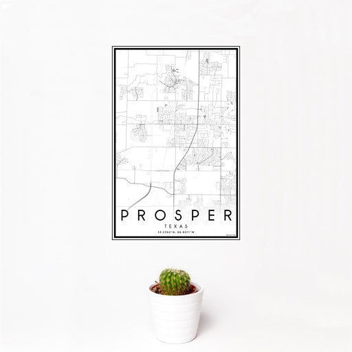 12x18 Prosper Texas Map Print Portrait Orientation in Classic Style With Small Cactus Plant in White Planter