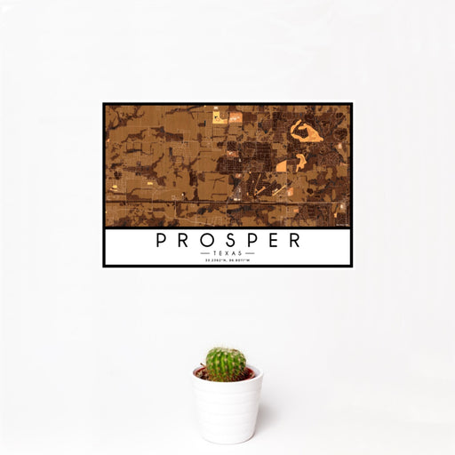 12x18 Prosper Texas Map Print Landscape Orientation in Ember Style With Small Cactus Plant in White Planter
