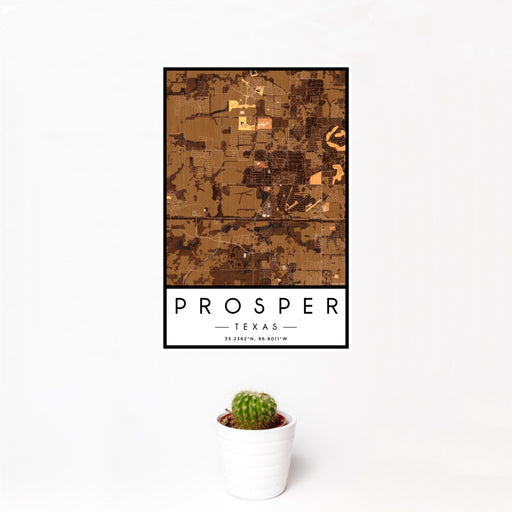 12x18 Prosper Texas Map Print Portrait Orientation in Ember Style With Small Cactus Plant in White Planter