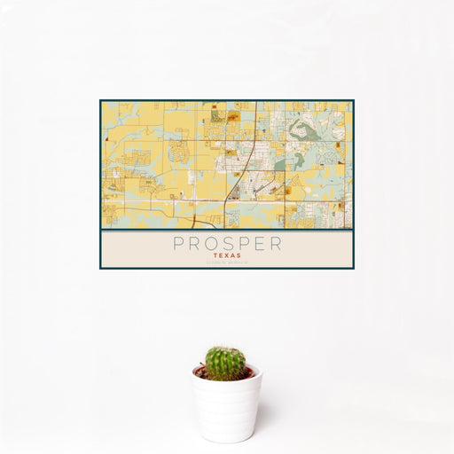 12x18 Prosper Texas Map Print Landscape Orientation in Woodblock Style With Small Cactus Plant in White Planter