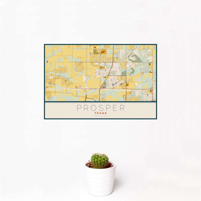 12x18 Prosper Texas Map Print Landscape Orientation in Woodblock Style With Small Cactus Plant in White Planter
