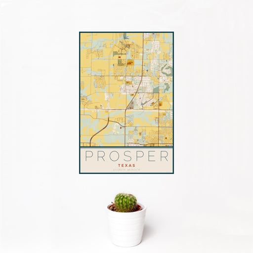 12x18 Prosper Texas Map Print Portrait Orientation in Woodblock Style With Small Cactus Plant in White Planter